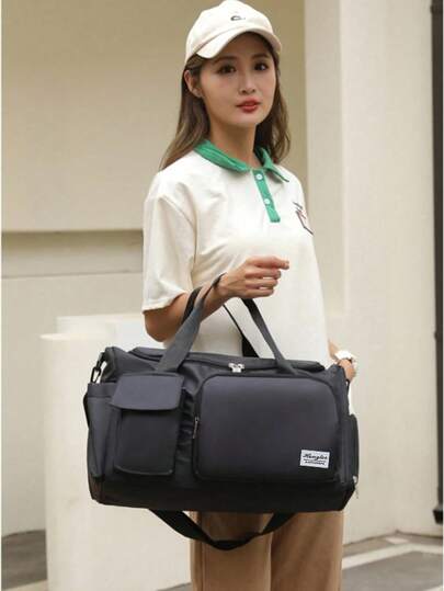 1pc 35L Fitness Bag, Yoga Sling Bag, Sports Bag With Shoe Compartment And Wet Clothes Pocket, Black Oxford Cloth Durable Water-Resistant Fabric, Travel Bag With Dry & Wet Pockets, Lightweight Handbag, Overnight Bag, Unisex, Suitable For Workout, Travel, Gym, Swimming, Airplane, Business Trip & Vacation