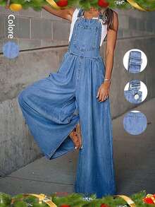 Women's Casual Long Denim Overalls With Straps And Pockets Wide Leg Jumpsuit Woven Fabric Inelastic Fabric, Comfortable In All Seasons | Christmas Party Atmosphere Items - 中等水洗藍 - 查看 6