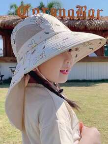 儿童防晒帽，新款春夏宽边沙滩防紫外线渔夫帽，适合男童和女童，适合3-8岁，图案随机