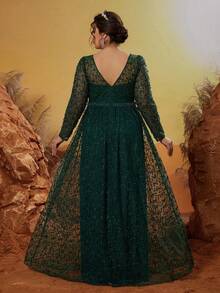 Anpokt Long-Sleeved High-End Evening Gowns With Round Collars, Embroidered Lace, Rhinestones And Bubble Beads - Green - View 2