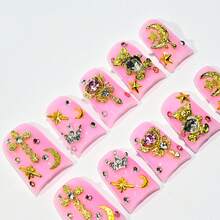 10Pcs Premium Handmade Short Duck Bill Acrylic Press On Nails, Gold Cross, Star, Moon, Crown, Teddy Bear Rhinestone Design, Y2K Sweet Cool Pink False Nails, Daily Niche Style Event Nails, Cute Edgy Gift For Y2K Fashion Lovers Summer Easter - 粉色 - 查看 4