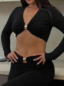 Party Ready 女士黑色长袖露脐上衣和裤子套装 - 黑色 - 查看 4