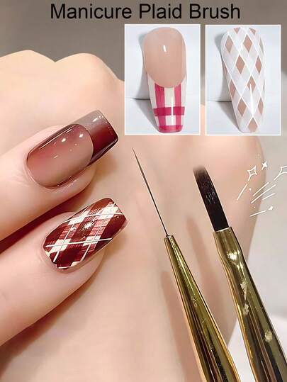 2/4支装棋盘格美甲笔，聚酯纤维细尖，适用于复古格子图案，透明灰色笔杆和金色笔箍，专业美甲笔套装