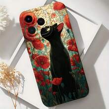 2026 nueva funda de teléfono esmerilada, funda de teléfono con patrón de gato negro y flor de amaranto roja para  17 14 Pro Max  17 13 Pro  17 12 Pro  Galaxy S23 S22 S21 funda protectora para teléfono regalo de pareja para novio novia regalo de vacaciones - Negro - Ver 6