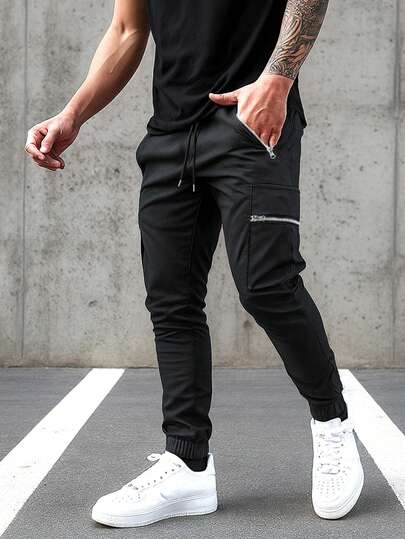 男士休闲时尚街头运动拼接口袋抽绳腰束脚裤