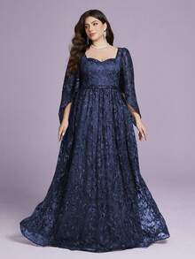 A High-End Evening Dress With A Square Collar, Embroidered Lace, Slanted Flared Sleeves And A Large Swing - Royal Blue - View 5