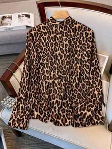 大码女士时尚优雅豹纹衬衫，蝴蝶结领长袖宽松衬衫，适合春、夏、秋季日常通勤和休闲穿着，面料柔软舒适，女士款。 - 豹紋 - 查看 4