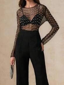 Women See Sheer Sparkle Pearl Rhinestone Studded Top Round Neck Long Sleeves See Through Mesh Blouse For Wedding Guests - 黑色 - 查看 5