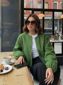 GMFP Women's Casual Elegant Loose Solid Color Pocket Zipper Long Sleeve Round Neck Jacket, Women's Autumn/Winter Bomber Jacket, Green Wool Coat, Women's Winter Jacket, New Year/Valentine's Day