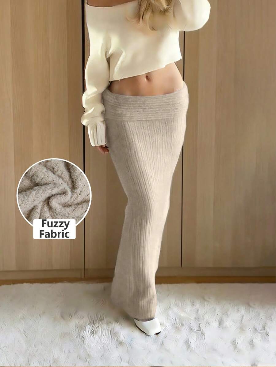 Elegant Party Dress & Casual Wear | Cream Fuzzy Knit Maxi Skirt | Low-Waist Design, Showcases Graceful Elegance | Perfect For Christmas Events And Beach Vacations | Must-Have For New Year, Suitable From Office To Evening - Khaki - View 1
