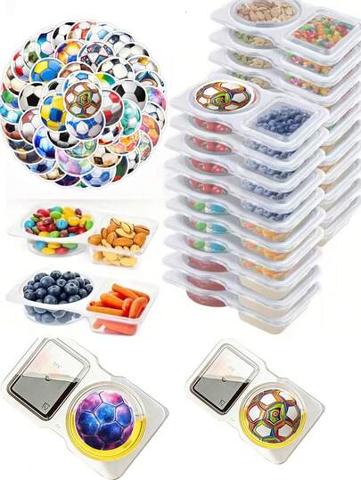 20pcs Portable Dual Compartment Condiment Containers - Dipping Sauce Cups + Football Stickers, Football World Cup Party Supplies - Reusable Plastic Sauce And Dip Trays, Multi-Function Dipping Sauce Cups With Lids, Salad Dressing To-Go Containers, Dual Compartment Condiment Containers, Dual Compartment Snack Containers For Carrying Sauces And Dips, Back To School, Day Of The Dead, Travel Snacks, Beach Snacks, Christmas, Halloween, Mother's Day, 4th Of July, Parties, Birthday Parties, Gathering