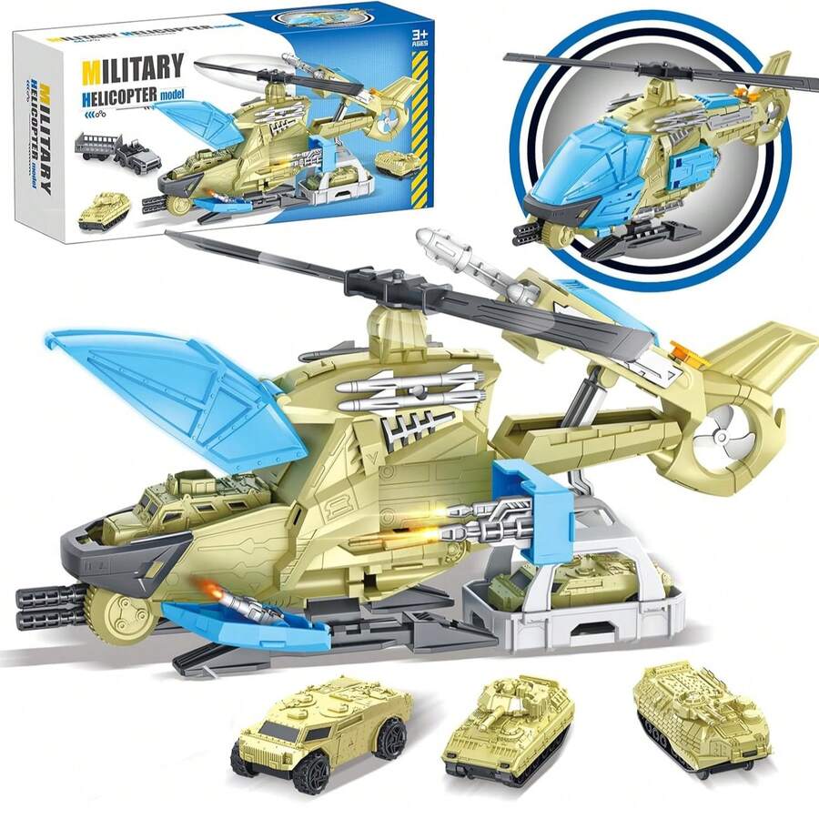 3件套儿童直升机玩具，含3辆迷你小车、救援篮、子弹发射装置，适合3岁及以上男孩，STEM教育学习玩具 - 彩色 - 查看 1