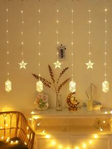 1条4米82LED窗帘装饰星形煤油瓶灯串，室内家居装饰LED星形仙女灯串，3节AA电池供电，可闪烁，适用于婚礼装饰、生日派对装饰、节日装饰煤油瓶灯串、房间墙面装饰星形灯 - 彩色 - 查看 3