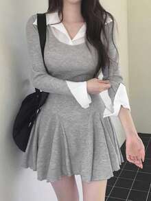 优雅女士二合一翻领束腰连衣裙 春季款 - 灰色 - 查看 4