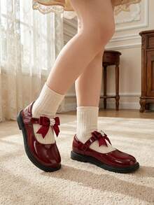 Girls' Mary Jane Shoes, Burgundy Patent Leather Pearl Bow, Soft Bottom Flat Shoes, Cute Princess Style For Toddler & Little Kid - Burgundy - View 7