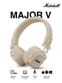Major V Wireless Bluetooth Headphones, Featuring Marshall's Iconic Sound Quality, 100-Hour Battery Life, Durable Construction, Foldable Design, Wireless Charging Support, Lightweight And Portable, Suitable For Travel, Fitness, Gaming, And Music - Cream - View 2