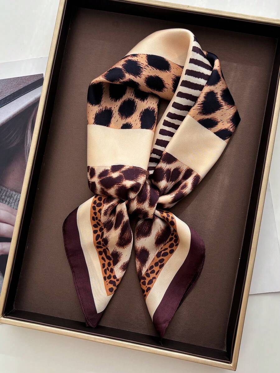 1条奢华品牌豹纹围巾，女士仿丝围巾，休闲百搭装饰小围巾 - 菱形拼接豹紋卡其棕 - 查看 1