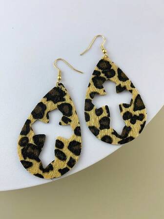 1 Pair Leopard Print Hollow Water Drop Dangle Earrings For Women, Suitable For Daily, Commute, Party