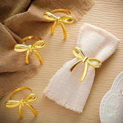 2/6/12/20pcs Valentine's Day Bow Napkin Rings, Shiny Gold Metallic Bow Napkin Holders, Couples Date Night Valentine's Day Dinner Table Decor, Suitable For Valentine's Day Dinner Party, Wedding, Family Gathering