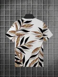 3D Leaf Print Men's T-Shirt - White With Gold/Black/Gray/Beige/Brown Leaf Pattern, Breathable Soft Fabric, Crew Neck Short Sleeve Casual Streetwear For Summer, Machine Washable Comfortable Fit, Suitable For Casual And Semi-Formal Occasions - Men's Fashionable Versatile Layering Essential, Black, White, Gold, Brown, Beige Stylish Leaf Design T-Shirt - Multicolor - View 3