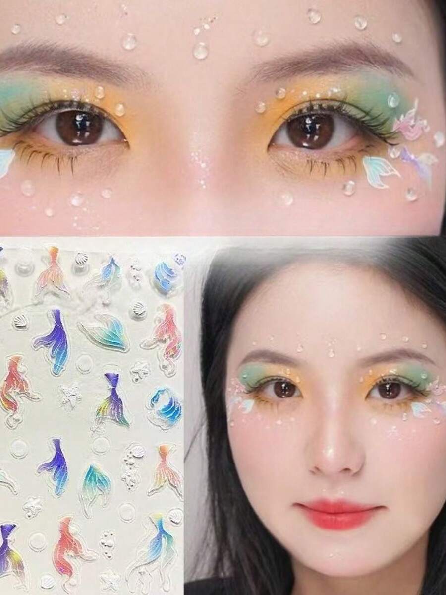 2张美人鱼尾巴妆容贴纸,复古风格3D浮雕装饰贴纸,动态炫彩COS妆容,舞台派对拍照妆容配件,多功能个性化妆容装饰,INS风 - 彩色 - 查看 1