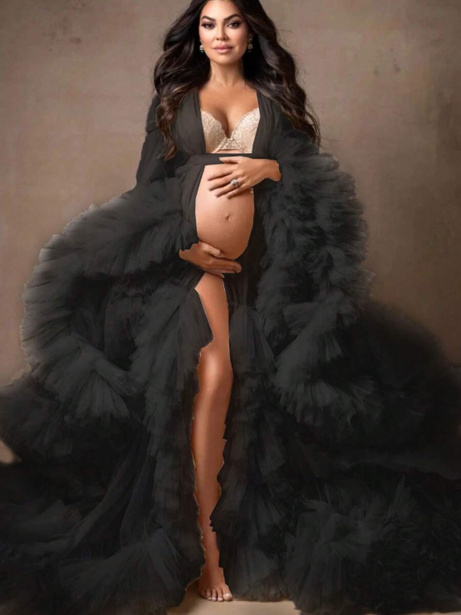 Party Wear  Women Dresses  Pregnant Gown For Photoshoot  Sexy    Mesh Fabric    Ruffle Hem    Wedding    Kimono  Women Dresses  With Belt Tie  Relax Fit  Oversized - 黑色 - 查看 1