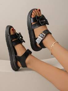 Teenagers' Fashion Flat Stitched Soft Bottom Comfortable Sandals - Black - View 2