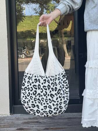 时尚秋冬新款条纹豹纹钩编手提包，轻便易携，大容量编织手提包，女士包包，秋冬新款女士包包，最佳秋季单肩包，适合通勤、旅行、购物、学生返校，大容量手提包，新款时尚设计，完美搭配秋季服装，圣诞礼物