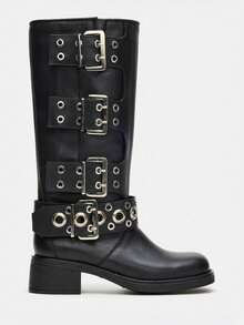 Vintage Metallic Buckles Knee High Boots For Woman Round Toe Wide Calf Riding Fashion Chunky Heel Pull On Y2K Motorcycle Boots - 黑色 - 查看 1
