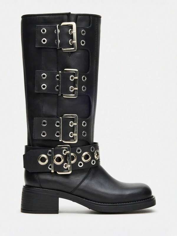 Vintage Metallic Buckles Knee High Boots For Woman Round Toe Wide Calf Riding Fashion Chunky Heel Pull On Y2K Motorcycle Boots