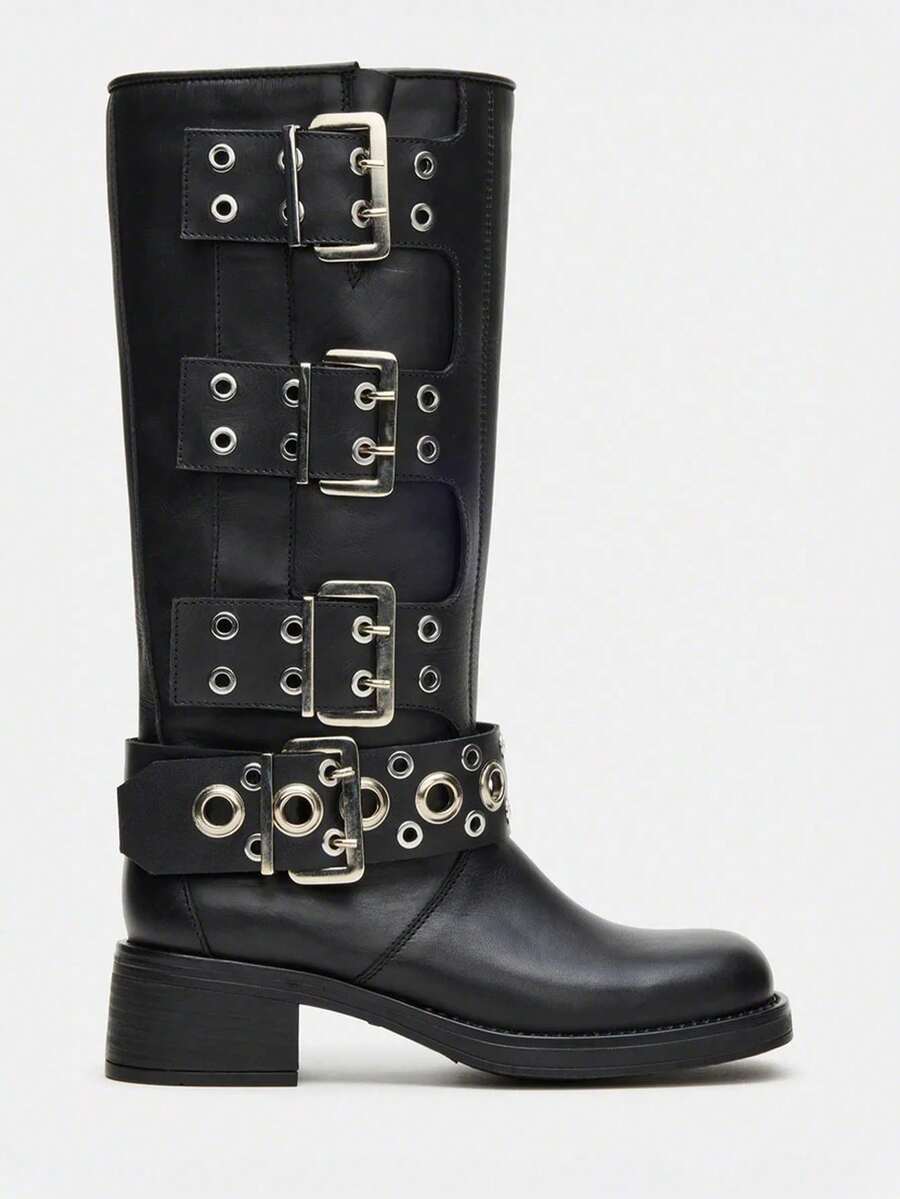 Vintage Metallic Buckles Knee High Boots For Woman Round Toe Wide Calf Riding Fashion Chunky Heel Pull On Y2K Motorcycle Boots - 黑色 - 查看 1