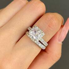 2pcs Luxury Women's Fashion Zirconia Ring Set Wedding Band Engagement Party Birthday Anniversary Christmas Gifts For Women Girlfriend Fine Jewelry - 銀色 - 查看 3