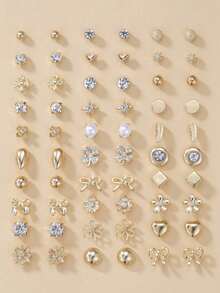 60 Pair Set Elegant Simple Rhinestone Flower, Heart-Shaped, Bow Earring Set, Jewelry/Earrings For Teenagers, Valentine's Day Gift, Mother, Mother's Day, Gift - Multicolor - View 1