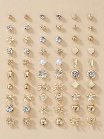 60 Pair Set Elegant Simple Rhinestone Flower, Heart-Shaped, Bow Earring Set, Jewelry/Earrings For Teenagers, Valentine's Day Gift, Mother, Mother's Day, Gift