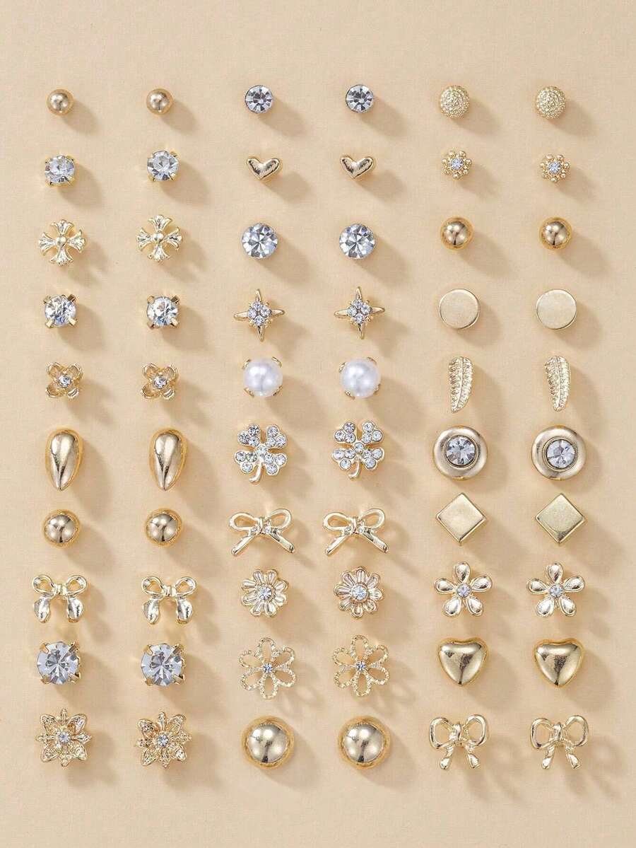 60 Pair Set Elegant Simple Rhinestone Flower, Heart-Shaped, Bow Earring Set, Jewelry/Earrings For Teenagers, Valentine's Day Gift, Mother, Mother's Day, Gift - Multicolor - View 1