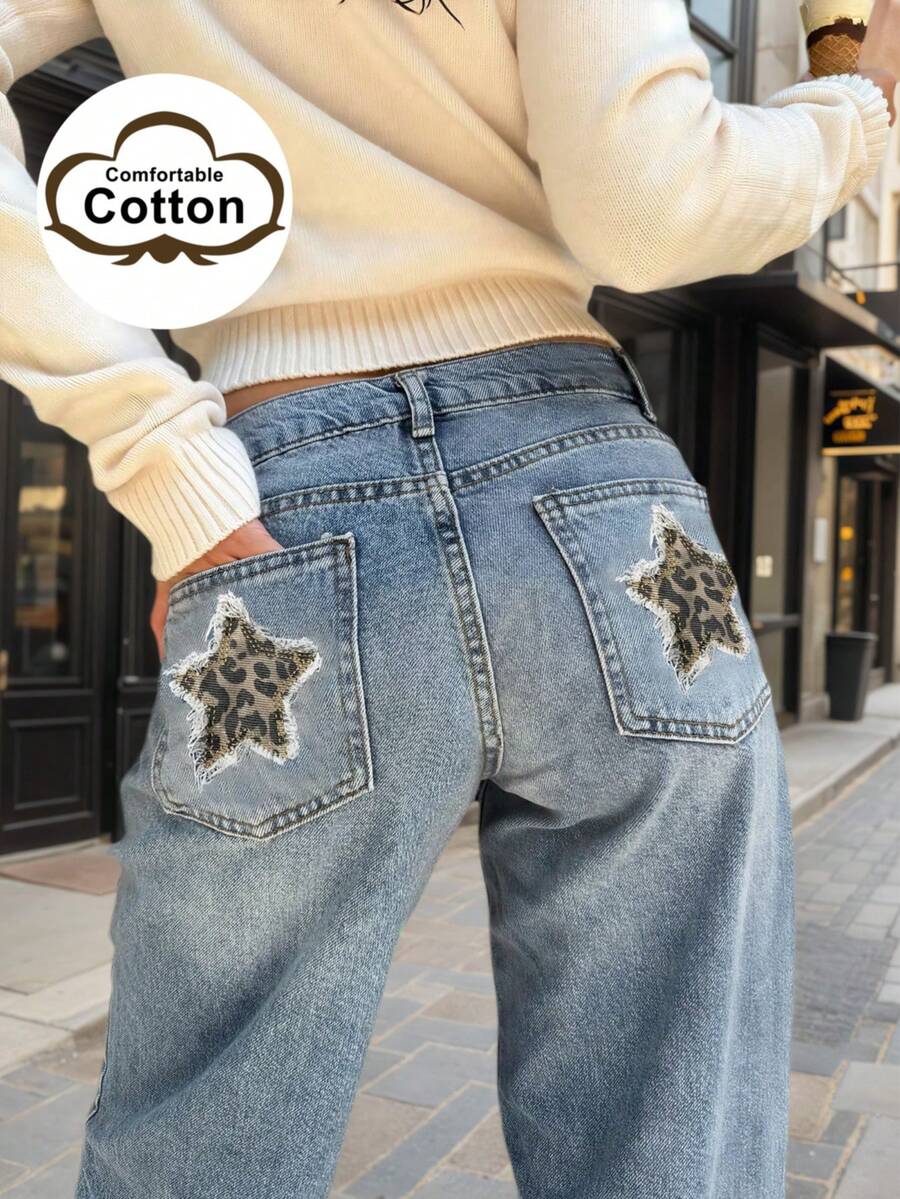 Y2K休闲日常穿搭水洗猫须后袋豹纹星形拼接直筒牛仔裤 - 藍色 - 查看 1
