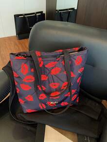 BAILEE 一款商务休闲套装，秋冬季新款，大容量，柔软可爱，可肩背或手提，拉链封口，嘴唇、草莓、樱桃印花撞色尼龙面料，女士手提包、托特包、单肩包、背包、通勤包，适合通勤、工作、购物、外出、聚会、送礼或节日场合、上学、度假。 - 彩色 - 查看 6