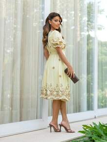 Elegant Viscose Midi Dress With Short Sleeves - Yellow - View 2