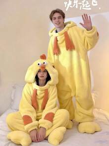 Winter Women's Chick One-Piece Hooded Velvet Bathrobe Pajamas Home Clothes, Warm Velvet Coral Fleece, Funny Cartoon Animal One-Piece Pajamas, Soft Polyester Fiber, Simple Pajamas, Comfortable To Wear, Breathable Fabric, Suitable For Winter, Warm, Halloween Gifts, Theme Parties, Pajama Parties Bathroom Decor - Yellow - View 1