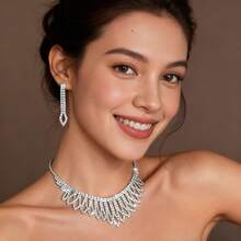 Full Rhinestone Fan-Shaped Tassel Jewelry Set, Women's Elegant Necklace And Earrings 2 Pieces Set, Suitable For Evening Gala And Wedding - Set - View 6