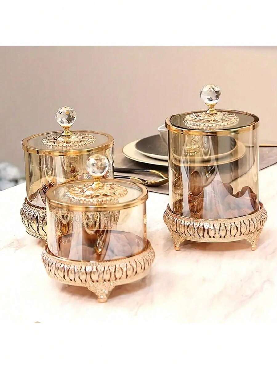 “奢华金色水晶盖储物罐 - 复古华丽糖果罐食品容器，适用于家居装饰和厨房收纳” - 彩色 - 查看 1