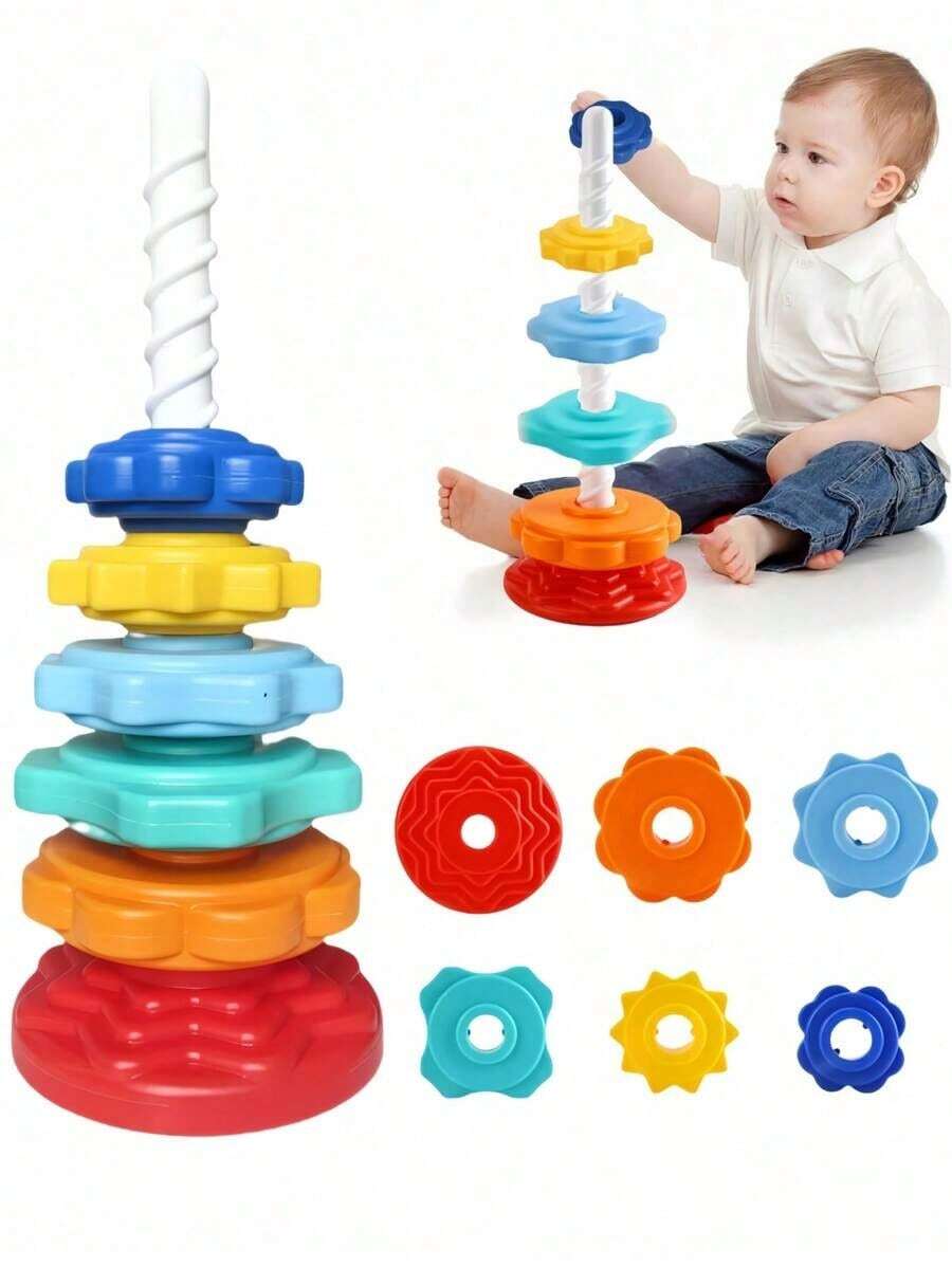 Baby Toy Turn Tower Rainbow Turntable Funnel Building Block Early Learning Educational Toy Stacker Rainbow Tower With Ring For Infant Baby School, ,Baby Spinning Stacking Toys, Rainbow Ring Stacker Montessori Toys For Babies - 彩色 - 查看 1
