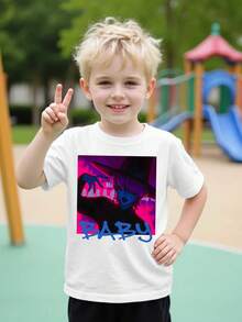 Boys' Kpop Graphic T-Shirt - Cute Cartoon Character with "" Print, Light Yellow Short Sleeve Tee, Soft & Breathable Summer Top for Youngsters, Casual Round Neck, Perfect for Outdoor Play, Youngsters'S Playwear, Playful Youngsters'S Design - Blanco - Ver 3