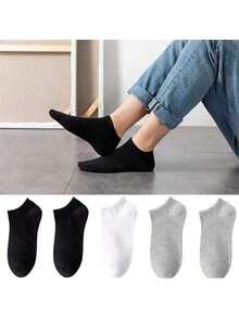 6/10/15 Pairs Women's Solid Black, White, Gray Fashion Casual Ankle Socks, Moisture-Wicking Comfortable Short Socks, Suitable For All Seasons Daily And Outdoor Wear