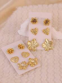 3-6 Pairs Vintage Gold Tone Earring Set, 3D Rose & Heart Shaped Earrings, Elegant Ins Style Accessories, Versatile Daily Wear - Gold - View 4