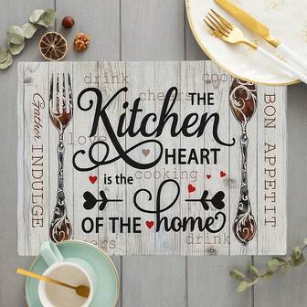 1/4 piezas Mantel con tema de amor, diseño de letras "La cocina es el corazón del hogar", manteles rectangulares de tela de arpillera, lavables a máquina, decoración de mesa de cocina y hogar, adecuados para reuniones familiares, fiestas, días festivos, decoración de mesa de comedor, 32x42cm