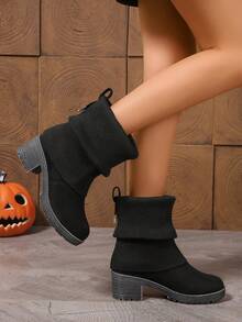 黑色褶裥靴筒，带搭扣，粗跟/中跟，圆头，套脚式，优雅百搭，通勤时尚女靴 - 黑色 - 查看 7