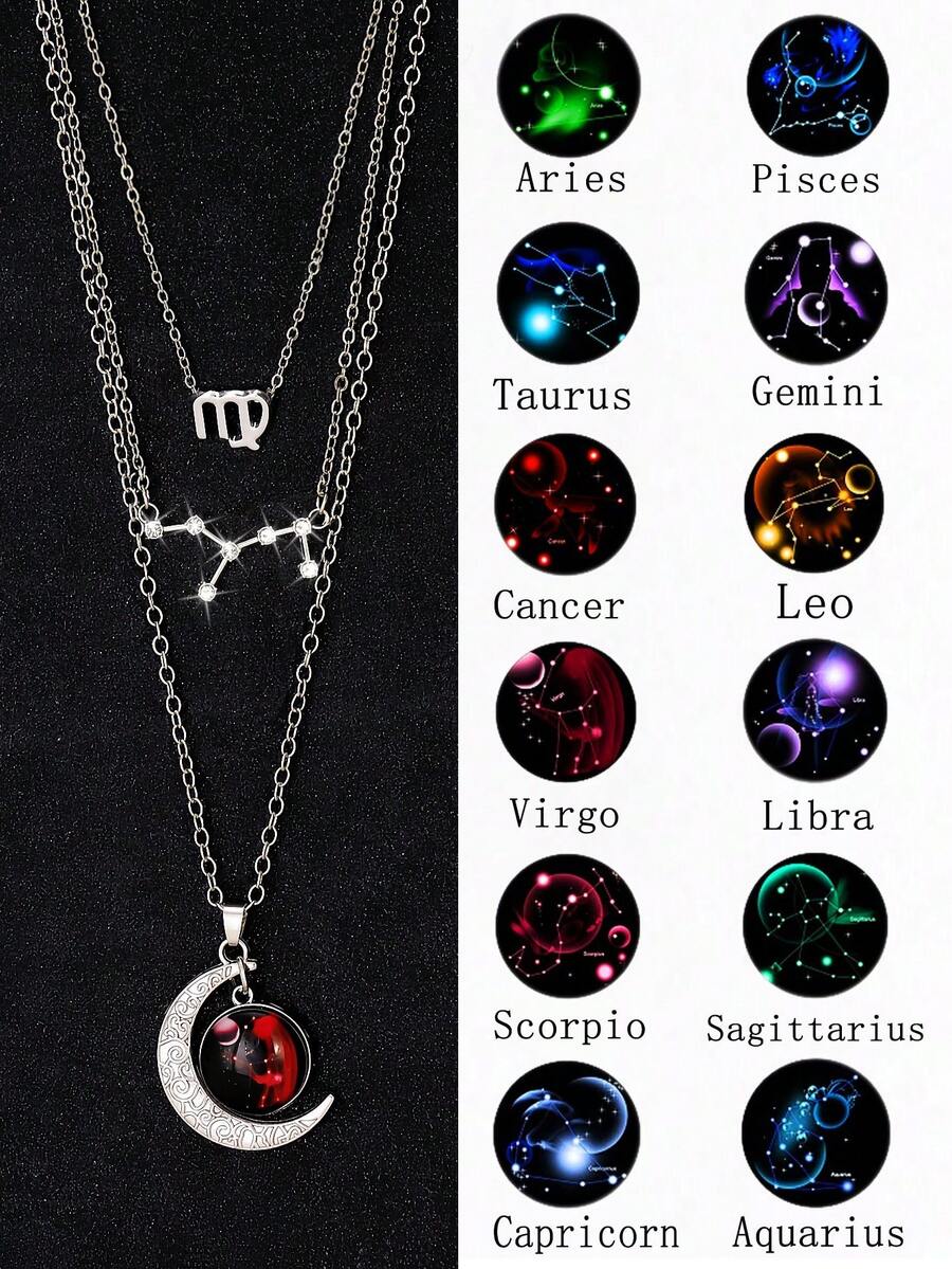 Bộ 3 mặt dây chuyền hình mặt trăng biểu tượng 12 cung hoàng đạo cổ điển, mặt dây chuyền hình thẻ chòm sao, quà tặng sinh nhật cho bạn bè và người yêu. - Trắng K - Xem 1