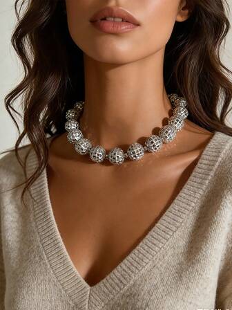 1件装 时尚百搭休闲优雅奢华手工几何迪斯科球串珠项链（女士款）