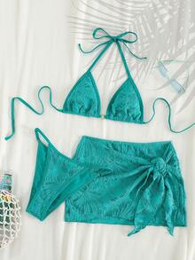 PEPPERMOLLY 2026 SS Women 3-Piece Mesh Bikini Set, Trimmed Top+Low Shorts+Wrap Skirt, Gold Chest Ring, Retro Style, For Beach & Pool. Vacation Summer - Blue-green - View 5